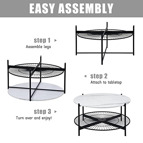 Image of NSdirect Round Coffee Table,2-Tier 36 inch Rustic Wooden Tabletop and Reinforced Crossbar with Open Storage Shelf Vintage Circle Cocktail Table with Metal Legs for Living Room,White