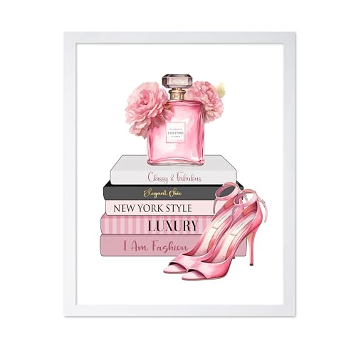 Image of Poster Master Fashion Print - Pink Designer Poster - Shoes & Perfume Art - Chic Gift for Her & Fashionista - Luxury Haute Couture Decor for Bedroom or Girl's Room - 8x10 White Framed