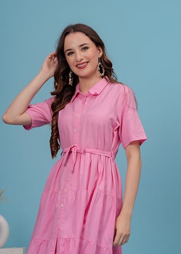 Image of Collar Neck Short Sleeve Stylish Midi Dress for Women | |Western Dresses (Pink)