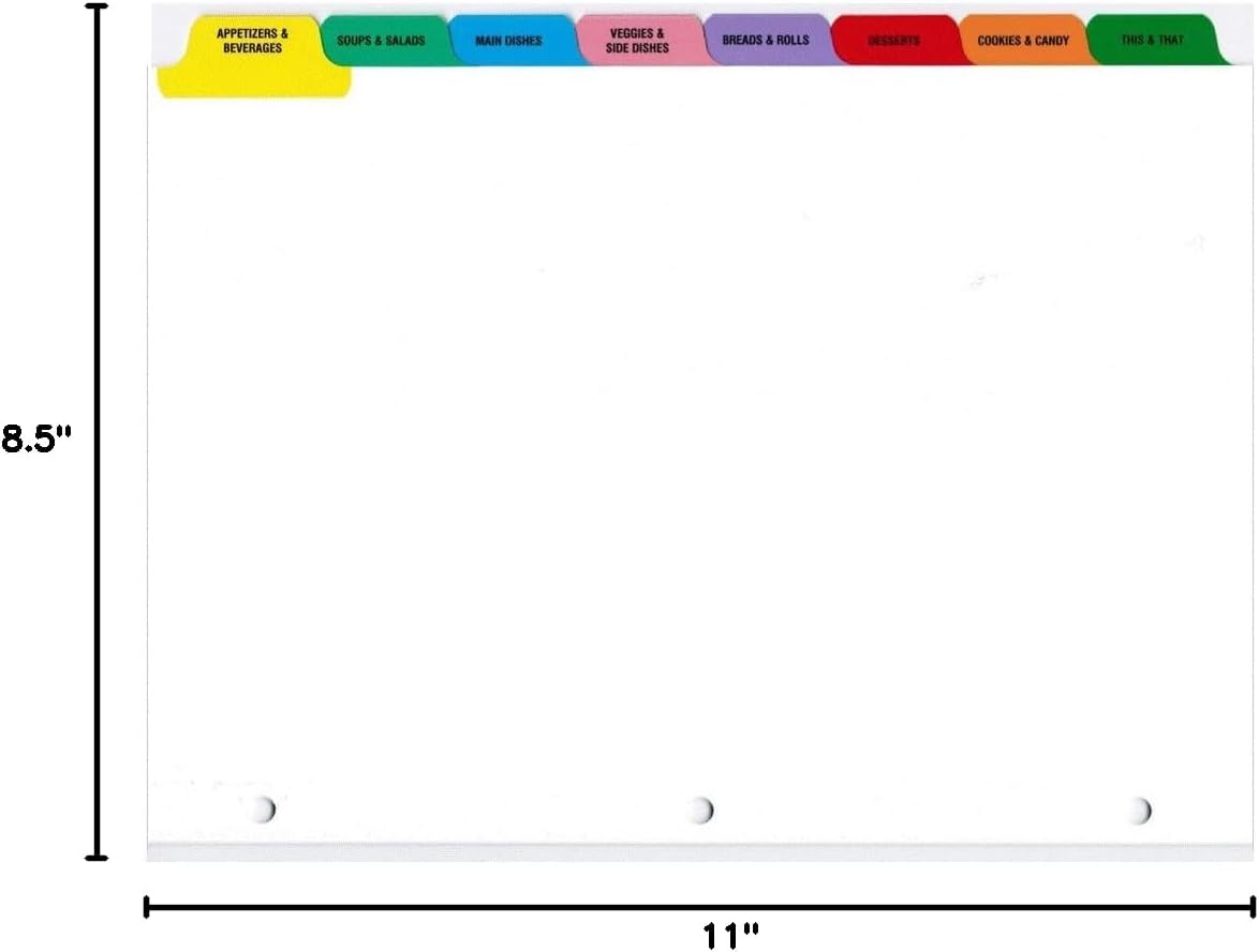 Preprinted Cookbook Index Dividers for 8.5" x 11" 3-Ring Binder, 8-Sheet Set - ONE Set