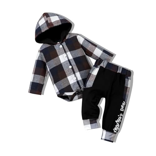 Image of Fuermos Newborn Baby Boy Clothes Plaid Button Long Sleeve Hoodie Romper+ Mama's Boy Pants Fall Winter Outfits Set