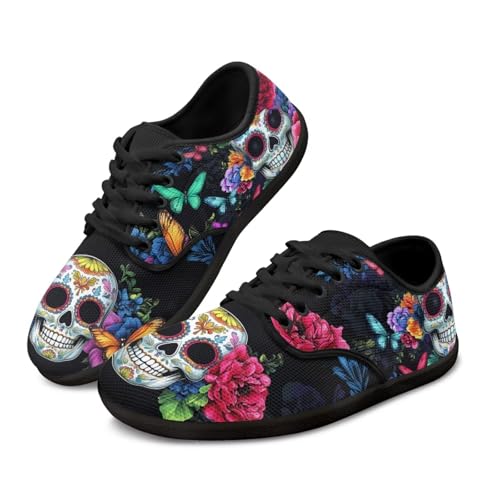 Pointodoor Skull Barefoot Shoes for Women Men Wide Toe Box Walking Sneakers Butterfly Low Top Running Shoes Flower Minimalist Cross Training Shoe Comfortable Office Work Flats US 10