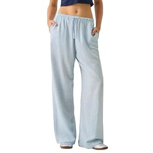Damen Gestreifte Hose Leichte Lange Sommerhose Lose Fit Freizeithose Elastische Taille Hosen Streetwear Loungewear
