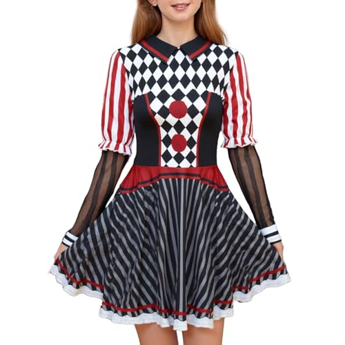 color cosplayer Halloween Costumes Dress for Girls Kids Print Jester Dresses Long Sleeve Clown Costume
