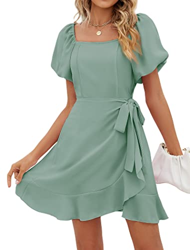 SAMPEEL Bridal Shower Dresses for Guest Puff Sleeve Ruffle Hem Summer Bridesmaid Dress S Sage Green