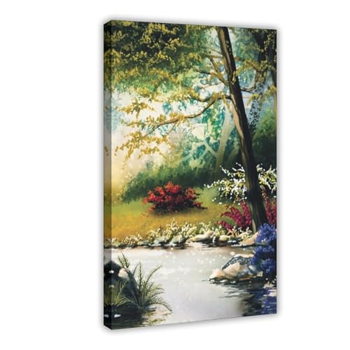 Peinture sur toile fleur et forêt 40x61 cm pour décoration murale de chambre