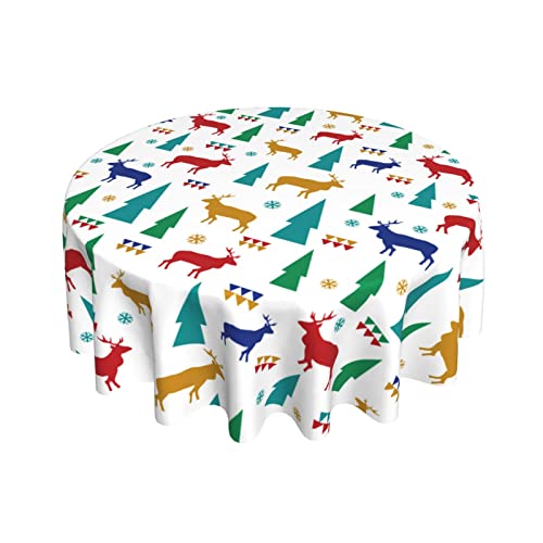 Christmas Tree Reindeer Tablecloth, Washable Polyester Table Cover For Dining Room Kitchen Party Winter Christmas Decoration Round 60 Inch #TOP1