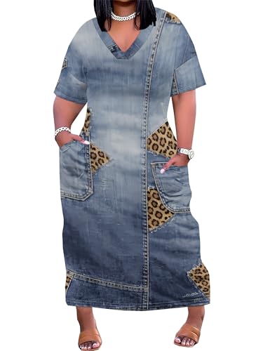 Image of SUZONANA Plus Size Denim Print Maxi Dresses for Women Casual V Neck Short Sleeve with Pockets Soft Jean Look Dress XL-6XL