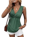 GRMLRPT Bluse Damen Sommer Tank Top V Ausschnitt Ärmellose T Shirt Oberteile Sommermode Shirt Blusen Basic Tops Einfarbig(Grün,XXL)