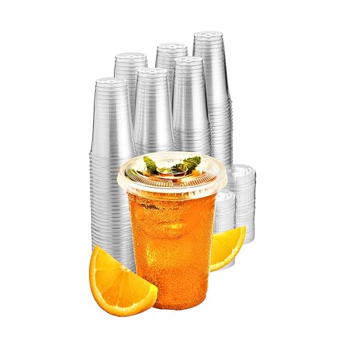 Green Direct 16 oz. Disposable Plastic Clear Cups With Flat Lids for Cold Drink / Bubble Boba / Iced Coffee / Tea / Smoothie Pack of 100