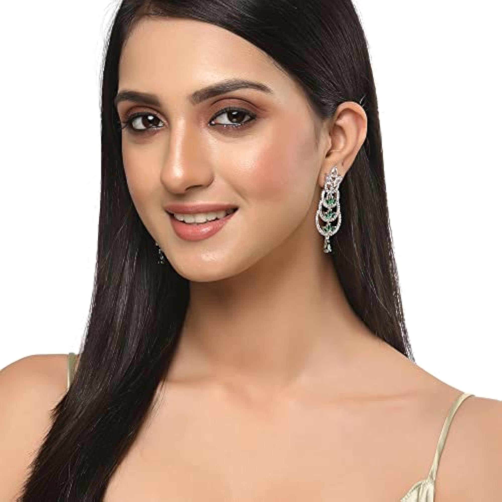 Rhodium-Plated Crescent Drop Earrings with AD