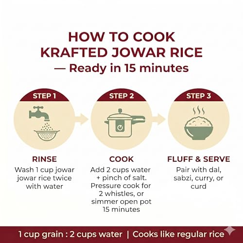 Image of Krafted Millets Steamed Jowar Rice (Sorghum) - 3x Fiber, 2x Protein vs Rice | Gluten-Free, Low GI, Diabetic & PCOS Friendly | Iron-Millet | Cooks Like in 15 Min | Jowari / Jonna / Jola / Cholam (Pack of 2 x 380g)
