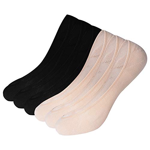 Litthing Chaussettes de Bateau Invisibles en Coton Confortable Doux Joli Respirantes Ultra Élastique Silicone Anti-Dérapant et Solide pour Femme (Noir3+La chair3, 6)