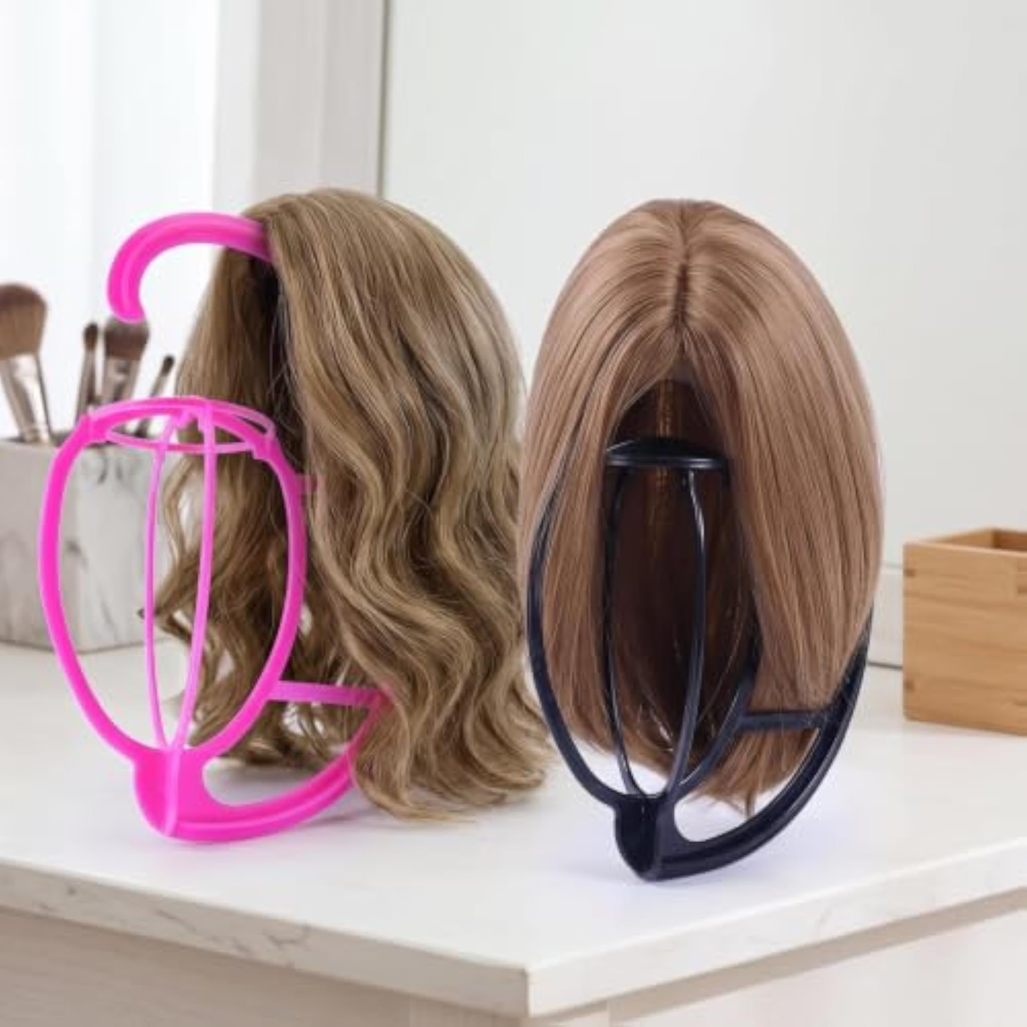Portable Wig Stand for Drying and Displaying Wigs, Black + Pink
