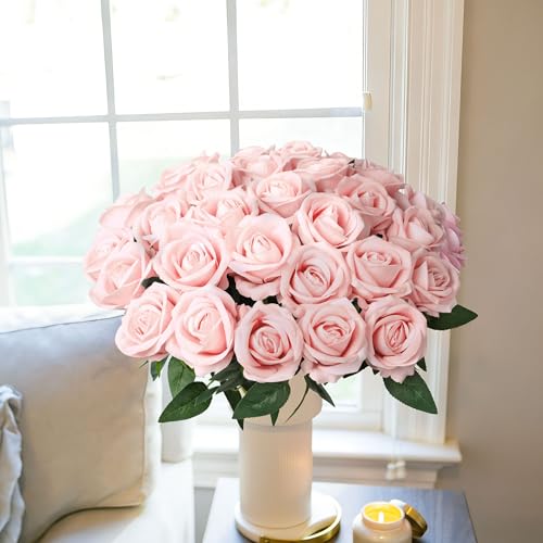 Image of 50 PCS Blush Roses Artificial Flowers, Real Looking Fake Roses with Long Stems Silk Flowers for DIY Wedding Bouquet Party Celebration Home Bridal Shower Decoration Valentine's Day Gift for Her Wife