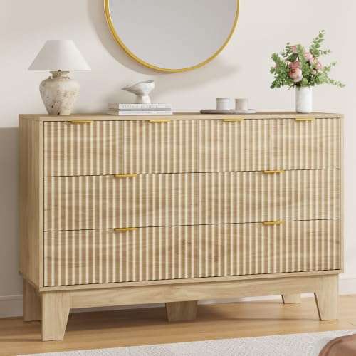 Image of Garvee 8 Drawer Dresser for Bedroom, 47 inch Wide Fluted Chest of Drawers with Metal Handle, Modern Wooden Dresser TV Stand, Clothes Storage Organizer Wood Closet for Hallway, Entryway, Natural Oak