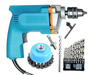 Mass Pro 10mm Drill Machine With 1 Masonary + 13Pc HSS Drill Bits & 1Pc Wire Cup Brush Power & Hand Tool Kit (18 Tools)