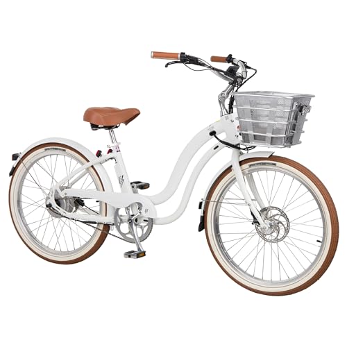 Electric Bike CO. Model Y Electric Bike for Adults, E-Bike with Front Basket, Powered Pedal Bicycle for Men and Women, Aluminum Frame, 20 MPH, 40 Mile Range, White