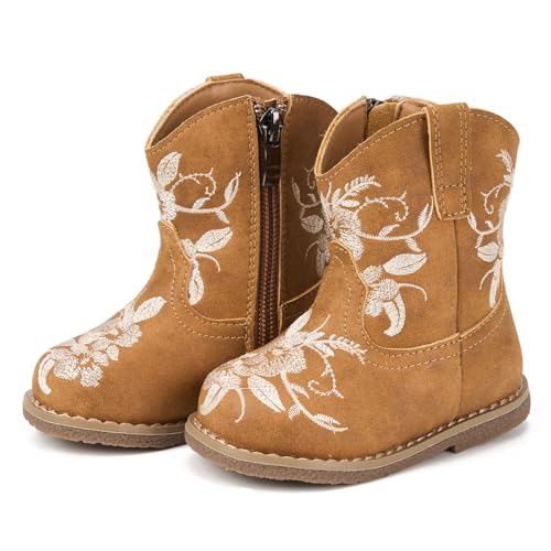 Newsonet Baby Cowgirl Cowboy Boots Toddler Western Boys Girls Round Toe Riding Mid Calf for All Seasons 6 9 12 18 24 Months Camel Size 4 Infant