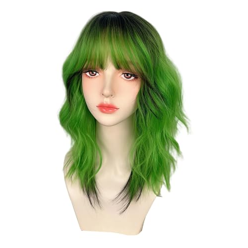 Green Black Highlight Mullet Wigs for Women Short Layered Wolf Cut Wig with Bangs Natural Looking Heat Resistant Synthetic Wigs for Daily Party Use