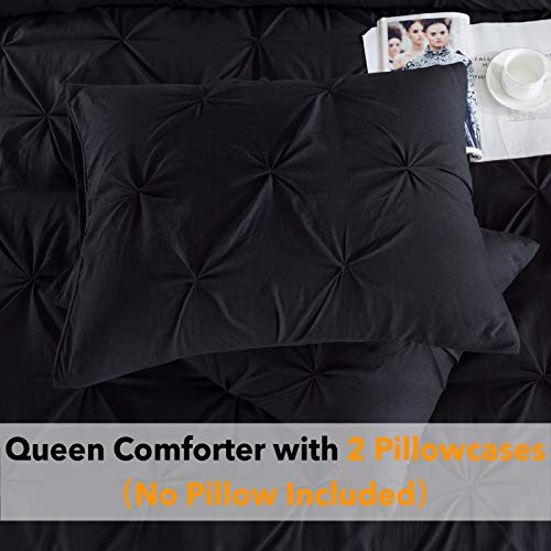 Andency Black Pinch Pleat Comforter Queen(90X90Inch), 3 Pieces(1 Pintuck Comforter And 2 Pillowcases) Pintuck Comforter Set, Microfiber All Season Down Alternative Bedding Set #TOP5