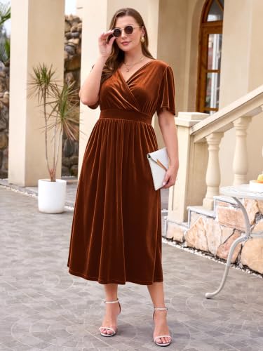 Image of BELAROI Velvet Dress Cocktail Party Plus Size Fall Midi Dresses with Pockets Wrap V Neck Empire Waist Short Sleeve L-4XL