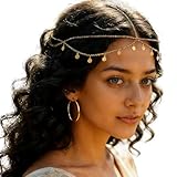 Kopfkette Gold Damen Wahrsagerin Kopfschmuck Gold Boho Schichtkette Quaste Haarkette Schmuck Wahrsagerin Accessoires Festival Haarschmuck für Frauen Mädchen Karneval Hochzeit Mottopartys