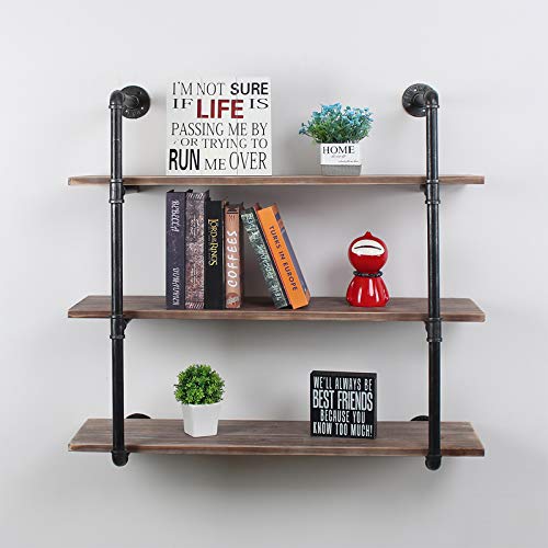 Industrial Floating Shelves Wall Mount,36in Rustic Pipe Wall Shelf,3-Tiers Wall Mount Bookshelf,DIY Storage Shelving Floating Shelves,Wall Shelving Unit,Wall Book Shelf for Home ,Black Brushed Silver