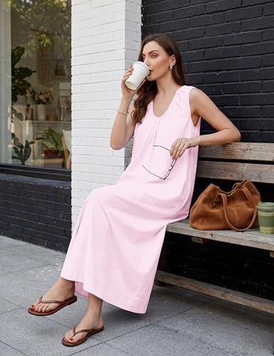 Image of Livtany Women's Scoop Neck Ruched Maxi Dress Flowy Swing Wide Straps Long Dress Casual Sleeveless Sundress with Side Pockets
