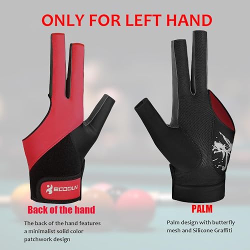 YFY Billiard Pool Gloves for Left Hand 3 Finger, Splicing Process, Snooker Cue Sport Glove Popular Sizes for Men & Women (Red, L