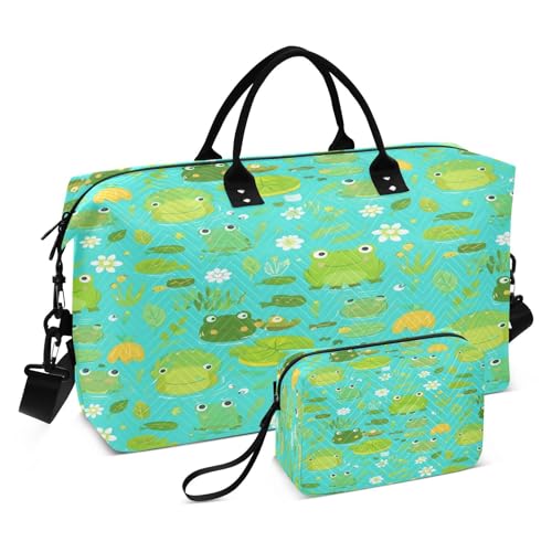 Large Foldable Travel Duffel Bag, Waterproof Gym Bag for Men & Women, Carry-On Luggage Weekender Overnight Bag, Cute Cartoon Frogs