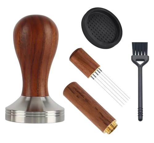 NIYATA 4Pcs Coffee Tamper Set, Solid Wood Coffee Tampers Handle 51 mm,Coffee Press Tool Small Round Pad Black,Cleaning Brush Black,Coffee Powder Needle,Barista Accessories,Brown