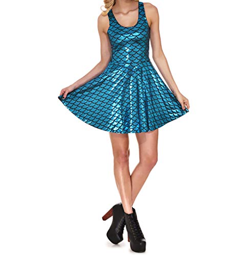 Image of LinvMe Women Shiny Mermaid Fish Scale Sleeveless Pleated Flared Dress