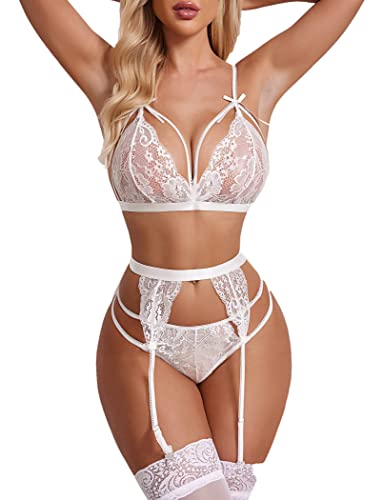 Image of Women Bikini Lingerie Set Lace Teddy Strap Babydoll Bodysuit With Garter Belts And Stocking White, Free Size