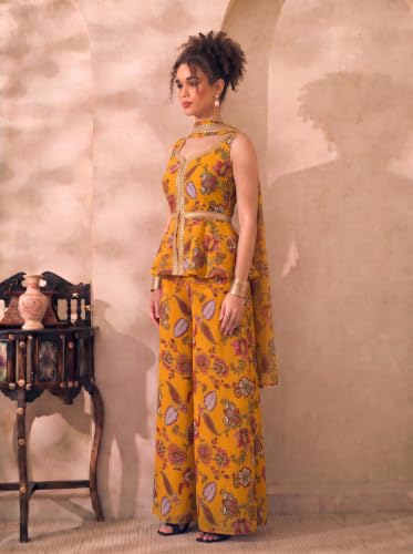 Image of DEEBACO Paisley Chiffon Corset Top With Palazzo & Dupatta Fusion Co-Ord Set For Women's | Lace Work Scoop Neck Sleeveless Fit & Flared Indo Western 3 Pieces Set Festive Casual Wear Outifit (Yellow)