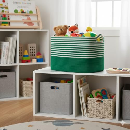 Image of Large Storage Basket, Woven Blanket Basket, Toy Basket with Handle, Laundry Hamper for Living Room, Nursery, Bedroom- 20x15x12 (LXWXH) (green mix)
