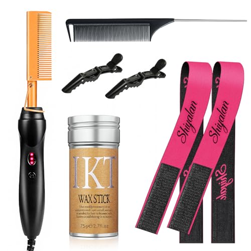 Hot Comb Set 7Pcs, Electric Hair Straightener Pressing, Wax Stick, Lace Band, Rat Tail Comb＆Salon Clips