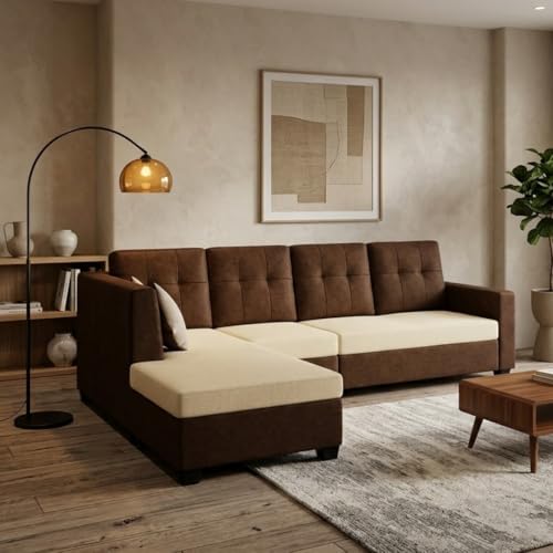 Image of FURNY Nathan 5 Seater L Shape Sofa Set LHS (Dark Brown-Cream) | Suede Velvet Finish | Durable Comfort Sofa for Modern Living Room & Office Spaces