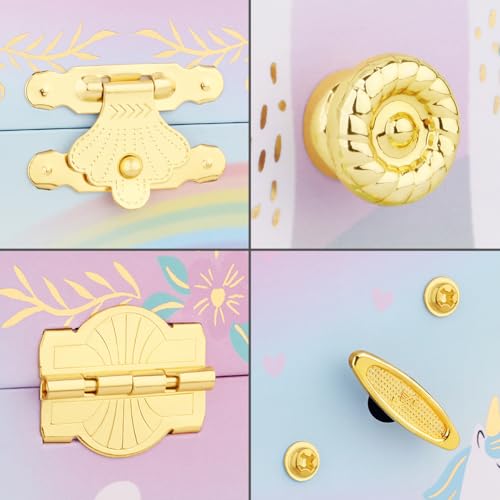 RR ROUND RICH DESIGN Music Jewelry Box for Girls with Double Drawers and Big Storage Paired Foil Gold Unicorn Theme Spinning Playback the Tune for Beautiful Dream Song Pink-Green - Thumbnail 7