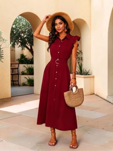 Image of OOMPH! Women's Shirt Midi Dress | Ruffle Sleeves | Button-Down Front | Waist Belt Detail | Collared Neck Casual & Vacation Dress