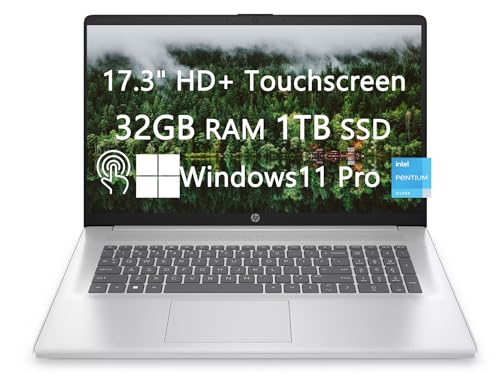 HP 17.3" HD+ Touchscreen Laptop, Intel Pentium N5030 Processor, 32GB RAM, 1TB SSD, Webcam, Wi-Fi, Bluetooth, USB-C, Fast Charge, light-weight, Windows 11 Pro, School and Business Ready, LIONEYE Bundle