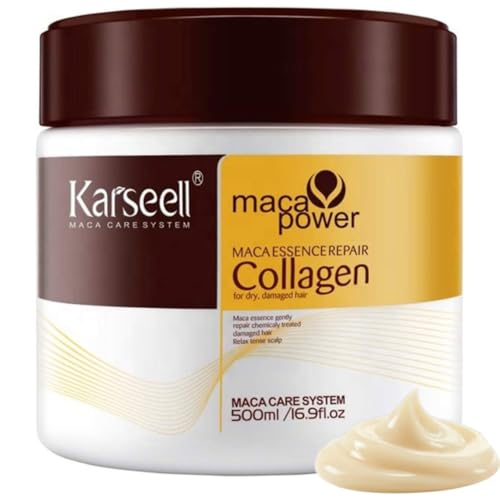Karseell MACA CARE SYSTEM Mascarilla Capilar Profesional Colágeno Aceite Argán Coco Aguacate Keratina Karité Reparadora Nutritiva Hidratante Antifrizz Tratamiento Pelo Seco Dañado Teñido Alisado 500ml