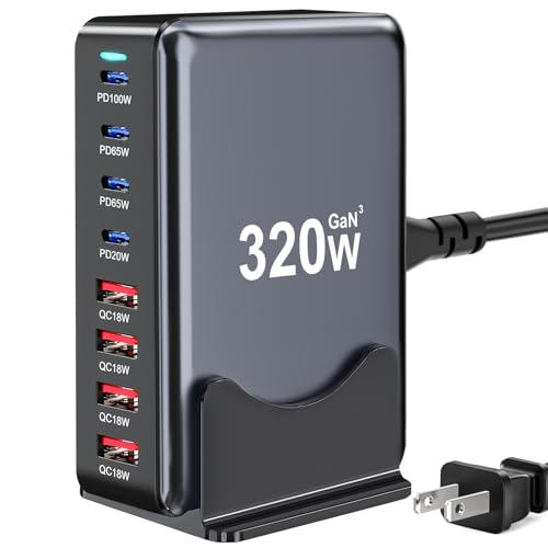 Image of 320W USB C Charger Block, Multi-port Fast USB Charging Station Dual PD 100W GaN Ⅲ Charging Station For Multiple Devices, Laptop Charger Adapter Compatible with MacBook, DELL, iPad, iPhone, Samsung etc