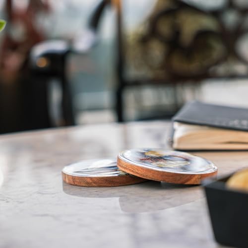 Image of Ireka Home Forest Floor Coaster Set (4 Pieces) | Handcrafted Acacia Wood, Enamel Leaf Artwork, For Tea & Coffee