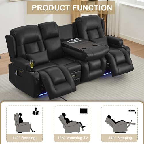 Image of URRED Power Loveseat Recliner Sofa with Massage and Heat, Wall Hugger Reclining Loveseat with Console, RV Couch Home Theater Seating with LED Lights for Living Room (Black, 89.8 inch - 3 Seats)