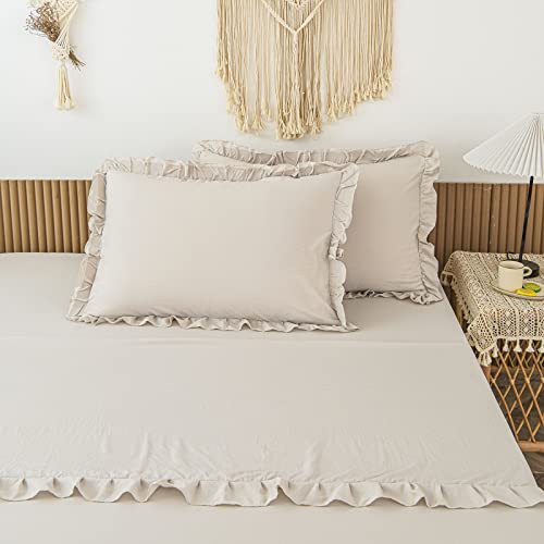 King Size Beige Sheet Set Deep Pocket Bed Sheets Beige Grey Lace Ruffled Design Shabby Chic Bedding Luxury Fitted Sheet And Pillowcase Set #TOP2