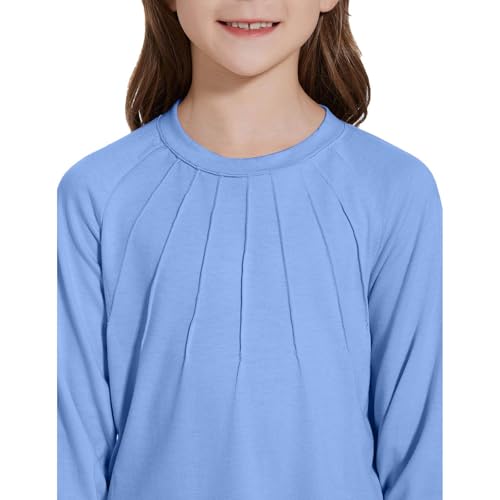 Girls Ruffle Smocked Long Sleeve Tops Dressy Casual Pleated Loose Crewneck Pullover Solid Tunic T-Shirts for 4-14Y 6