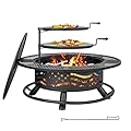 Panovue 42 Inch Fire Pit with 2 Cooking Grates, Outdoor Wood Burning BBQ Grill Firepit Bowl with Cover Lid, Steel Round Table for Backyard Bonfire Patio Picnic (Black, 42)