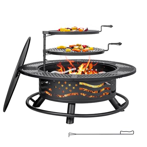 Panovue 42 Inch Fire Pit with 2 Cooking Grates, Outdoor Wood Burning BBQ Grill Firepit Bowl with Cover Lid, Steel Round Table for Backyard Bonfire Patio Picnic (Black, 42)