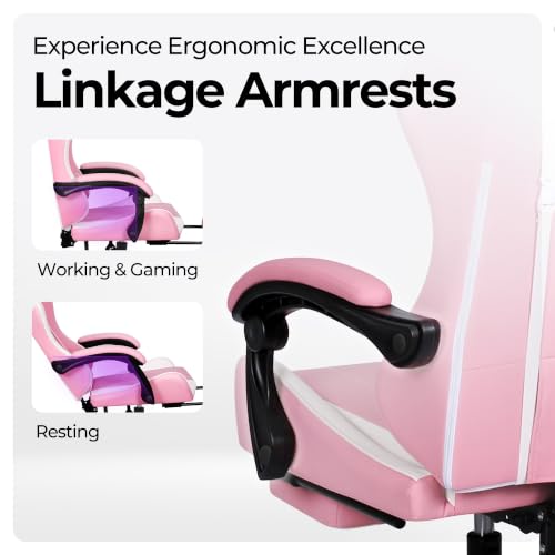 Image of N-GEN GAMING Gaming Chair with Footrest, Lumbar, High-Back, Pink White | Reclining Backrest, Linkage Armrests, Durable PU Leather, Adjustable Comfort for Extended Computer, Desk, or Home Office Use
